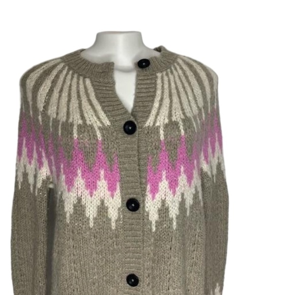 ABERCROMBIE & FITCH Wool Blend Fair Isle Nordic Cardigan Sweater Gray Pink S - Picture 4 of 16
